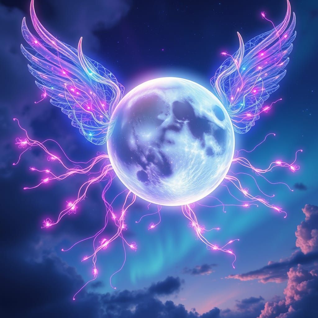 Celestial Wonder: Iridescent Flying Moon with Luminous Tendr...