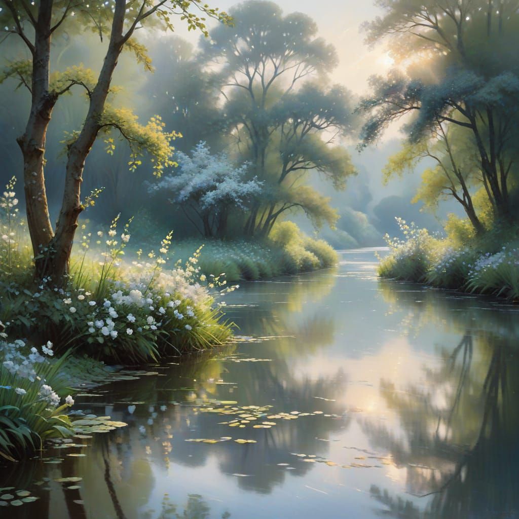 Impressionist River Scene in Ethereal Morning Light
