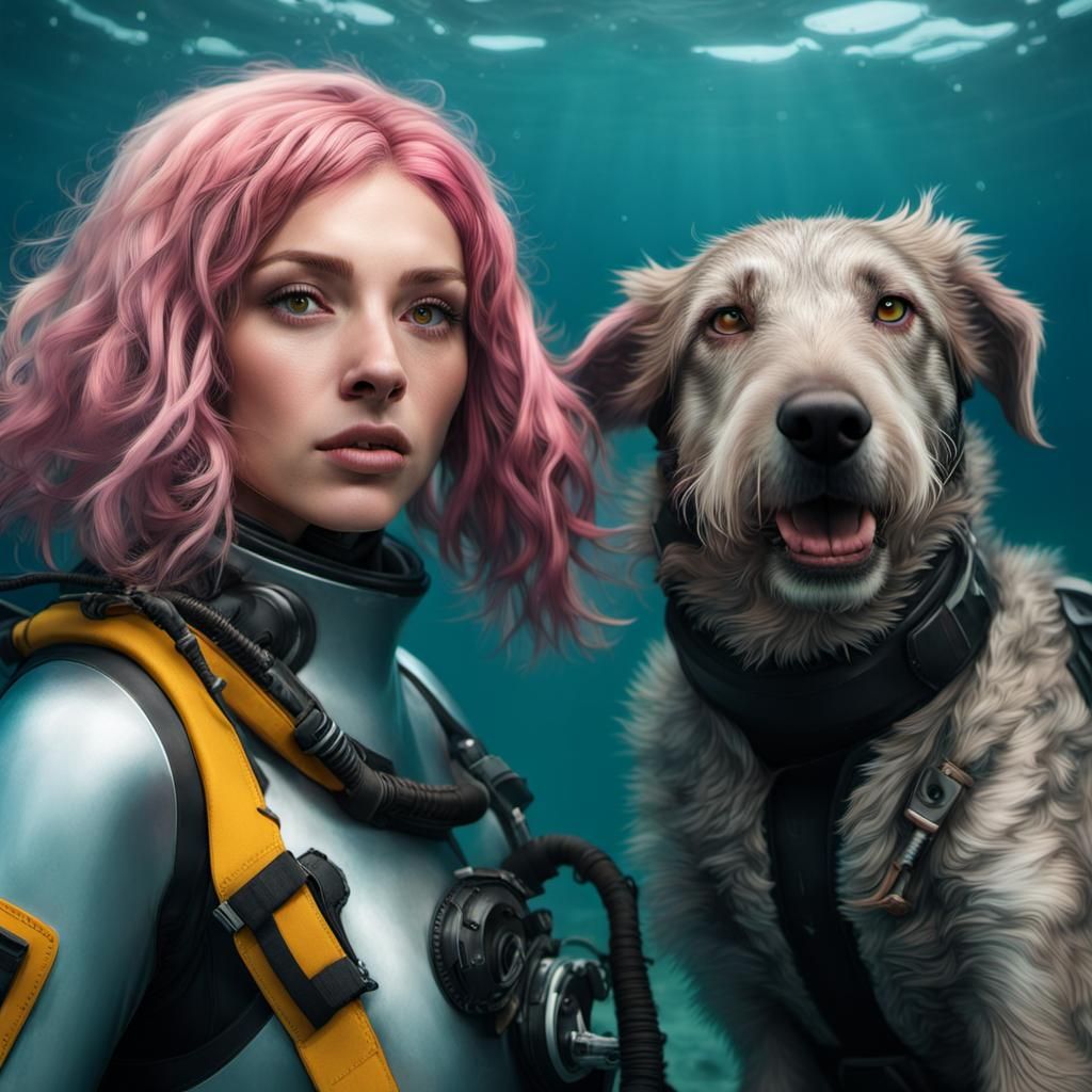 Pink-Haired Diver with Wolfhound Companion