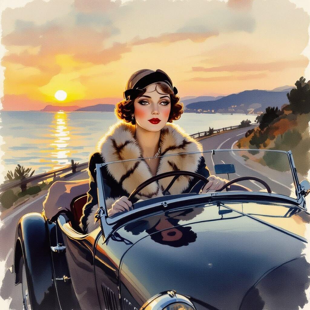Elegant 1920s Woman Drives Vintage Car at Dusk Watercolor
