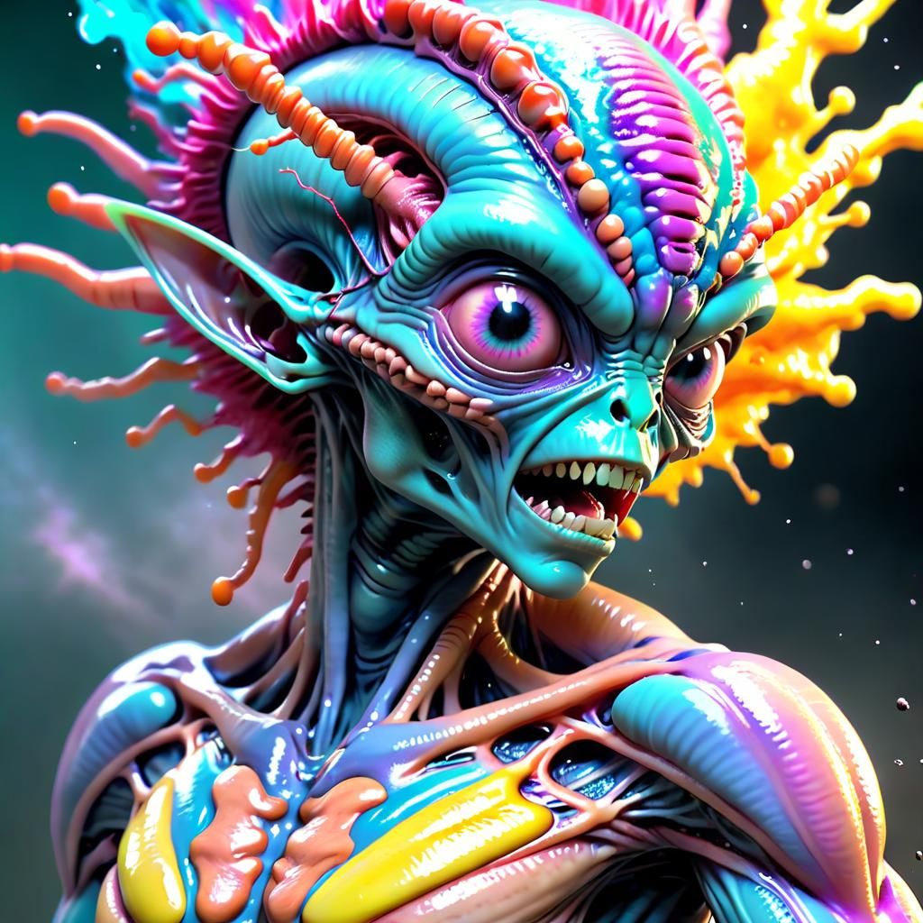 Vibrant Pop Explosion, macro, hyperrealisticly detailed, alien evolving into humanform