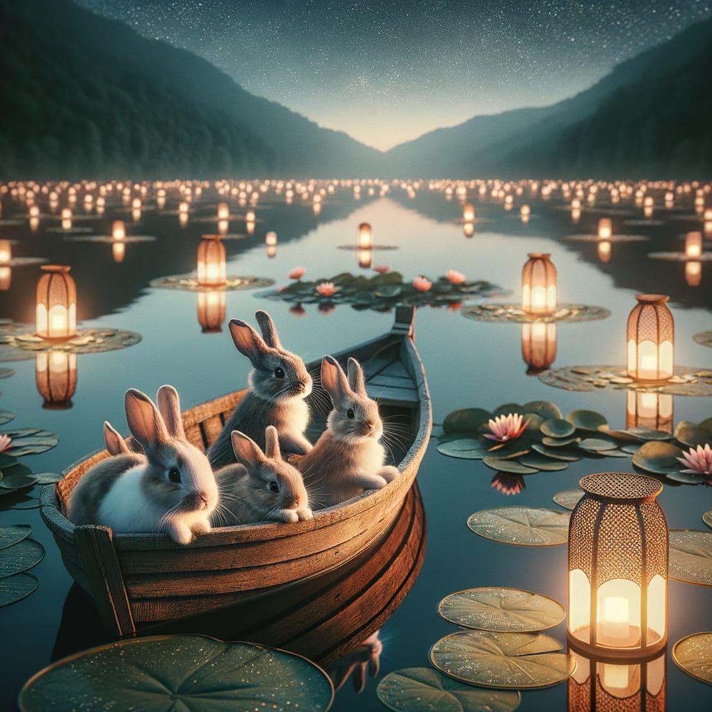 Bunnies on a Boat at Night