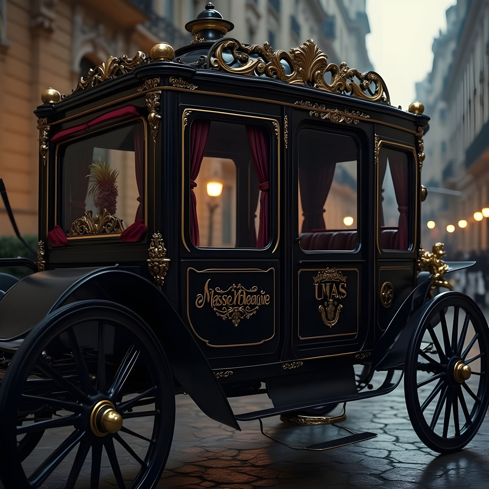 Elegant Black Carriage with Golden Lettering