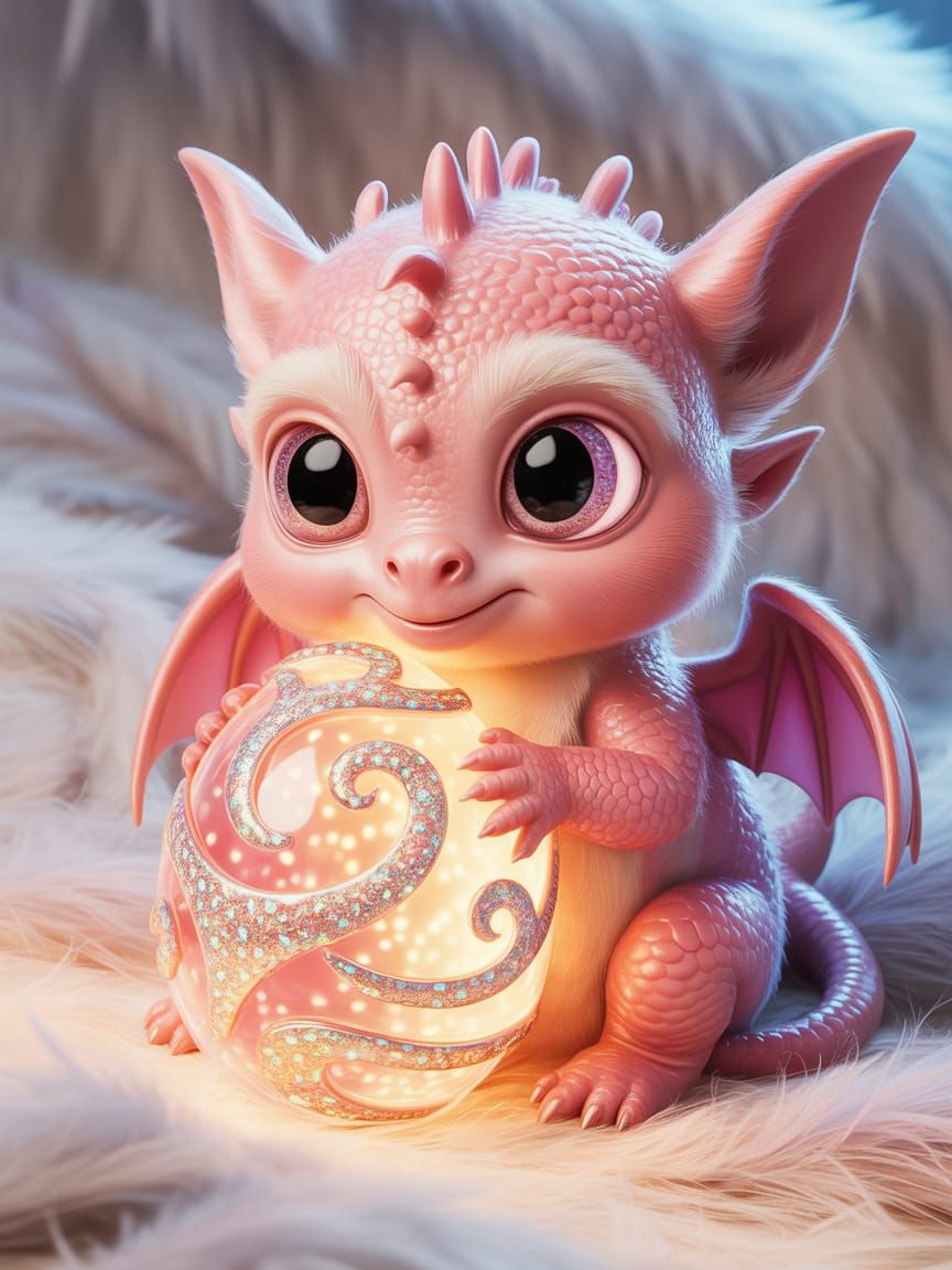 Chubby Pink Dragon with Glowing Egg, Digital Art