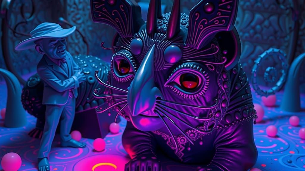 surreal sculpture by Richard Aldrich, David Humphreys, William T. Wiley, Gary Larson. metal fleck stucco texture,  ceram...