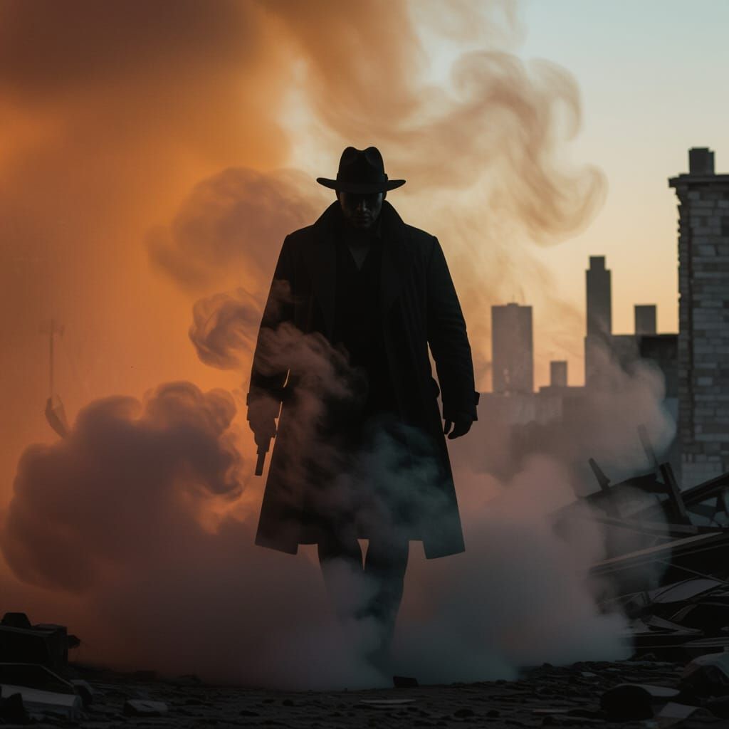 Detective Silhouette in Smoky City Ruins, Cinematic Style