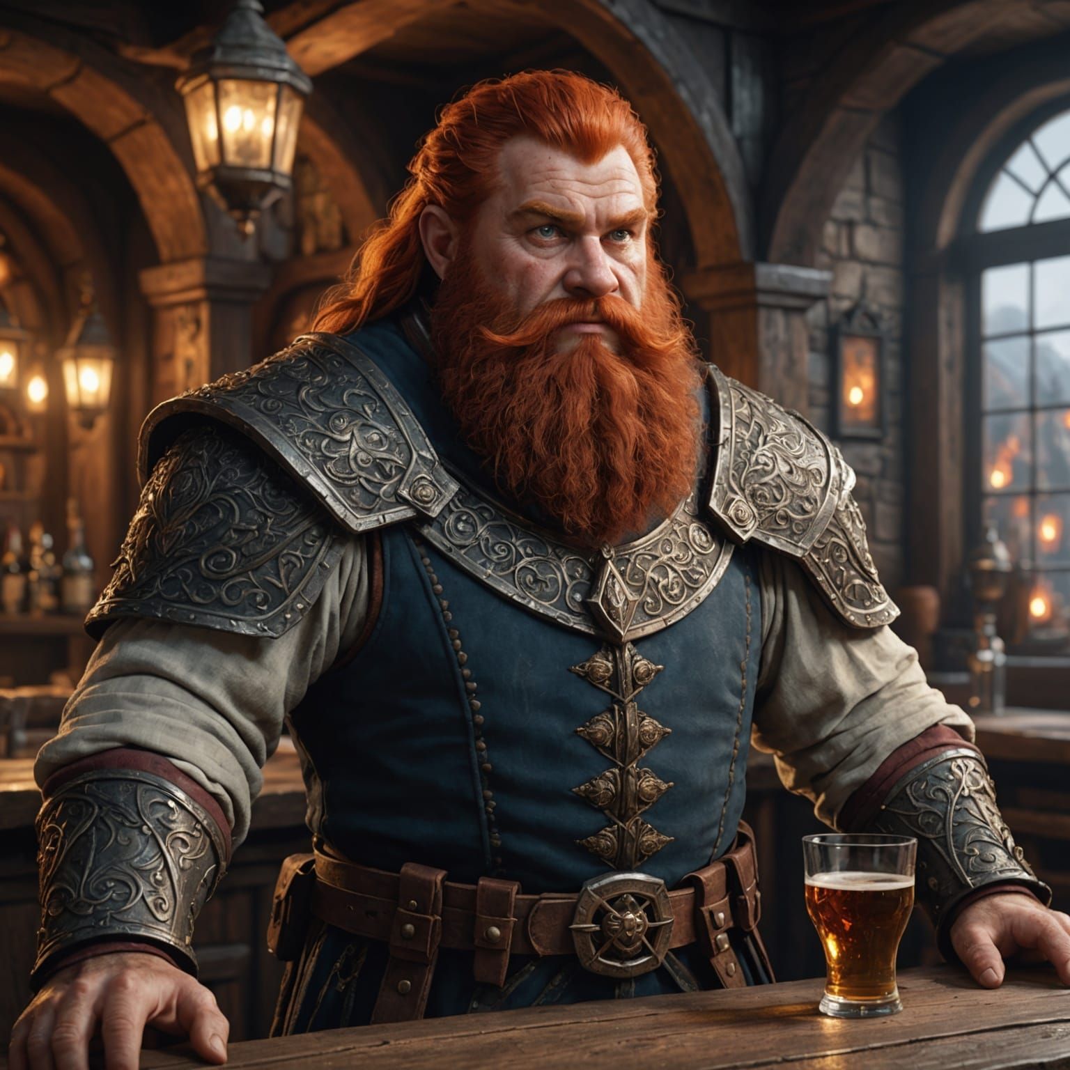 Red-Haired Dwarf Serving in Tavern: Fantasy Art