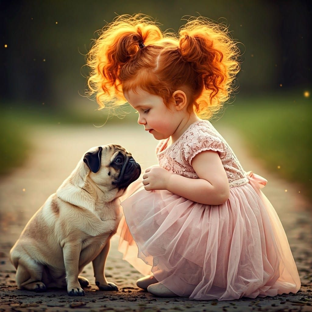 Girl with Red Hair and Pug in Golden Light