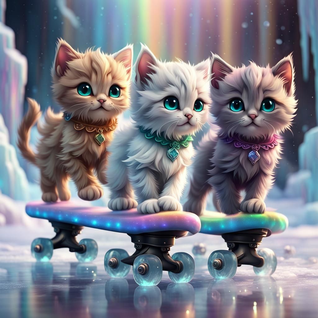 Chibi Kittens Ice Skating on Rainbow Ice