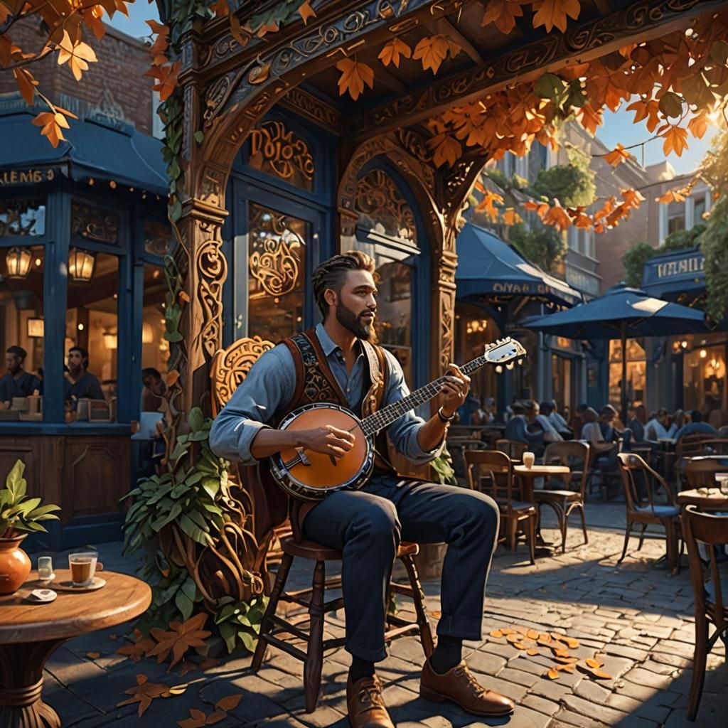 Banjo Player in a Fantastical Cafe: Matte Painting