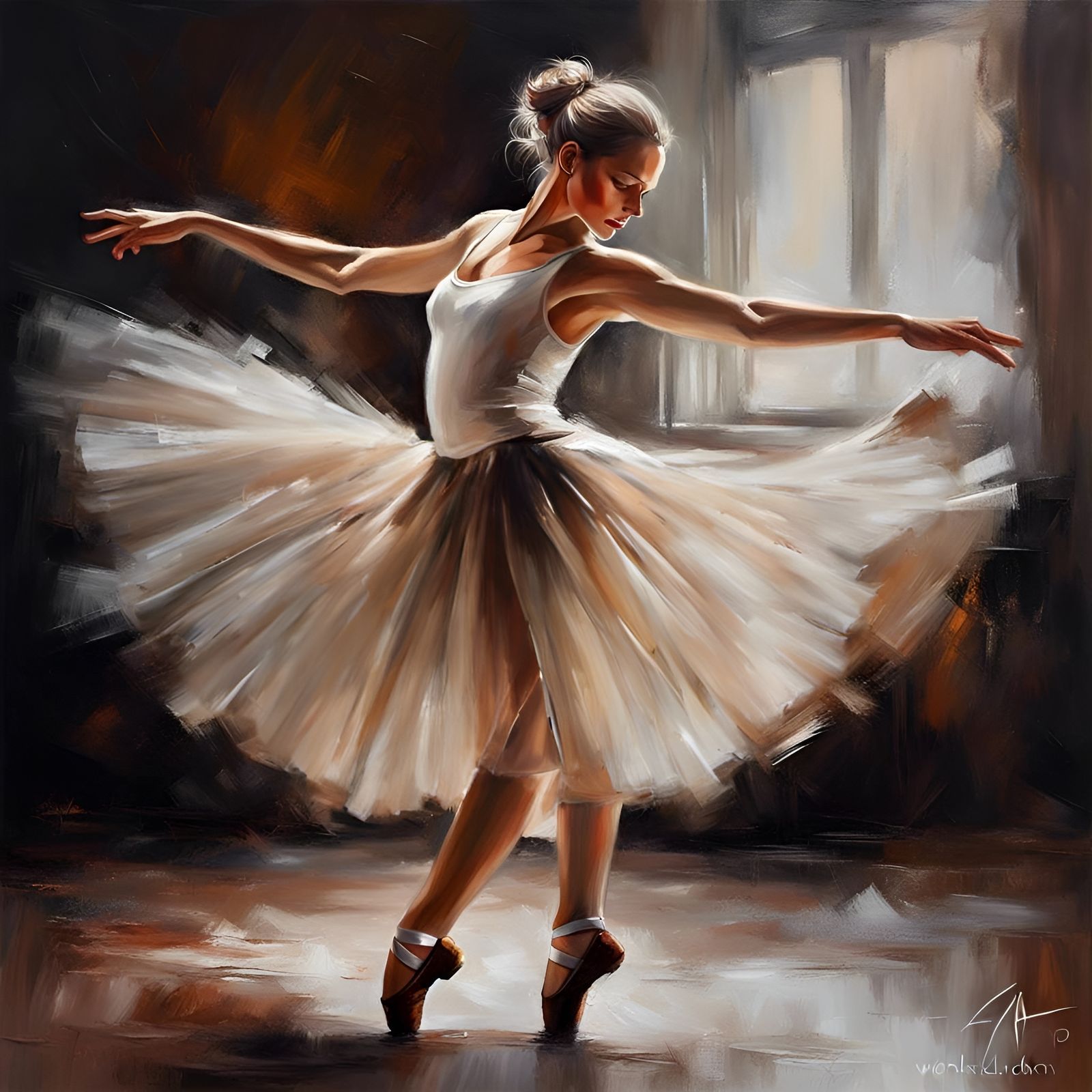 Ballerina in Transparent Skirt as Figurative Oil Painting