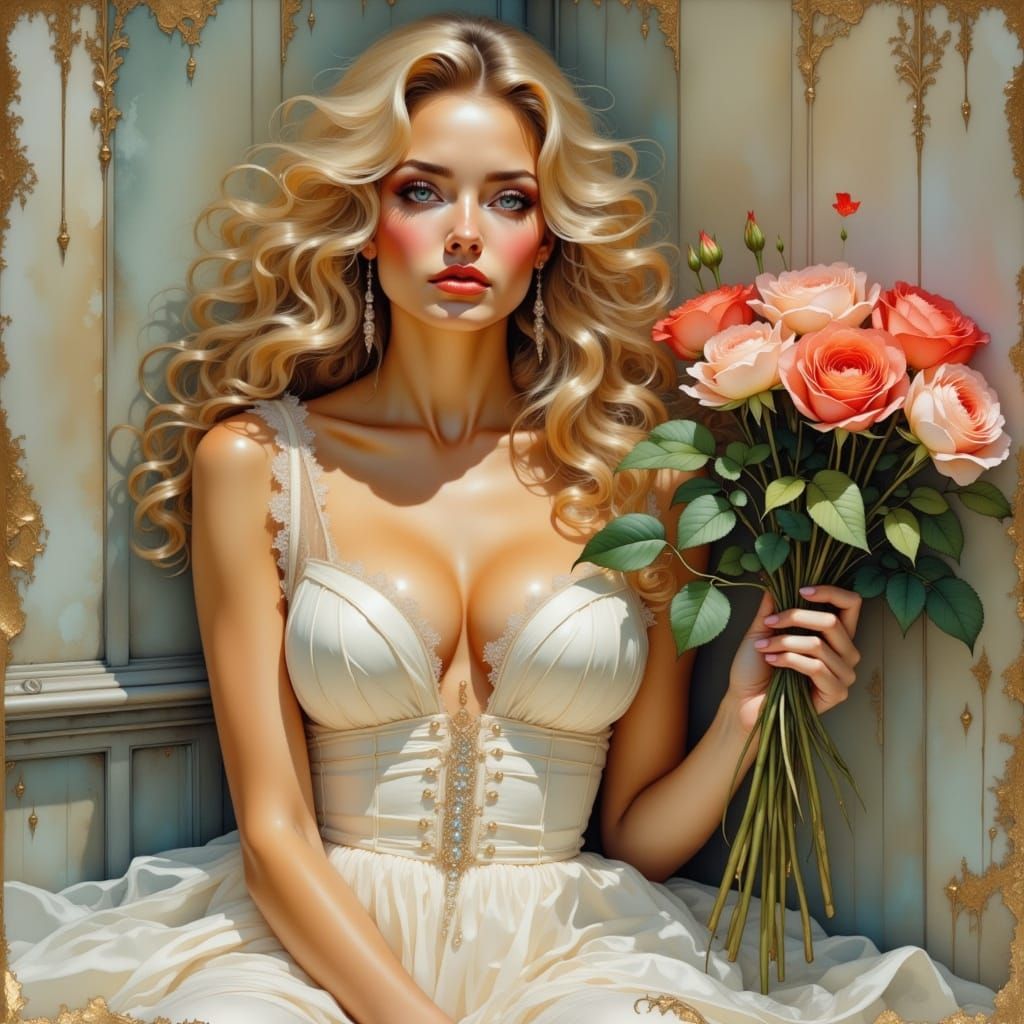 Blonde Pinup Girl in White Dress, Impasto Oil Painting