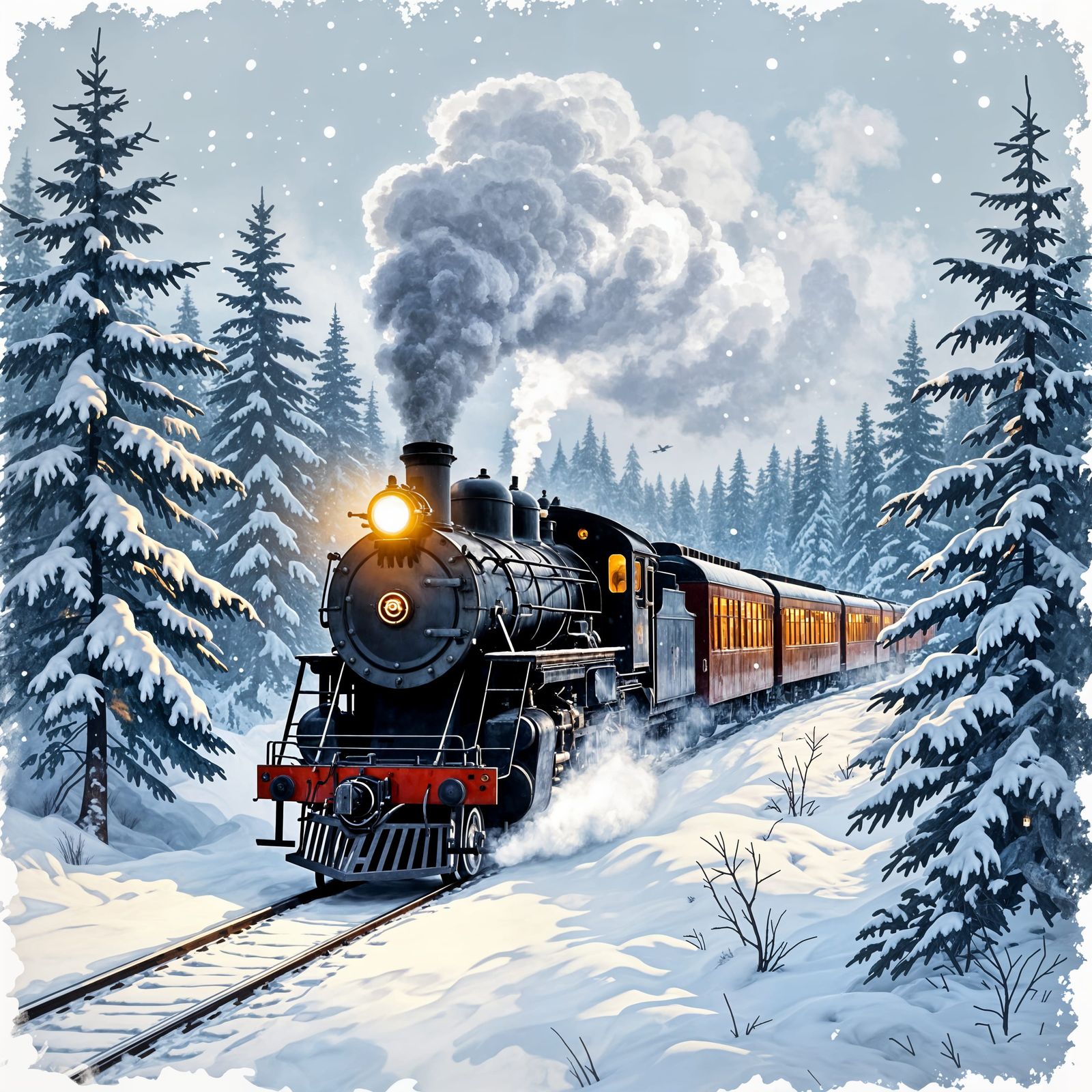 Vintage Steam Train in Snowy Pine Forest Twilight