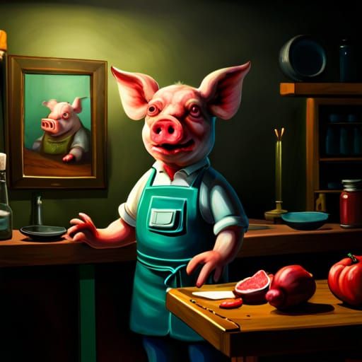 Butcher Pig with Human Hand: Dramatic Oil Painting