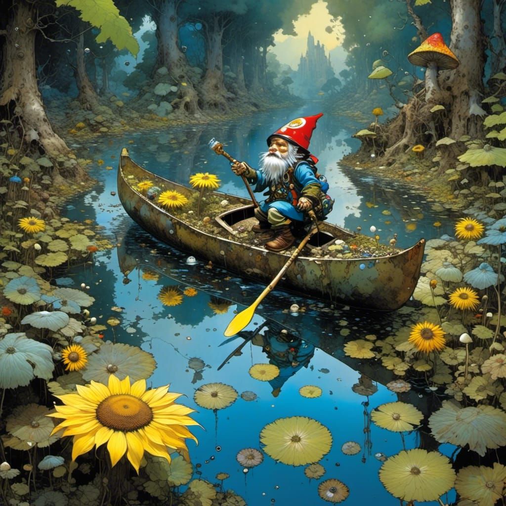 <lora:Meta-Murakami:1.0> (a gnome floating on a single sunfl...