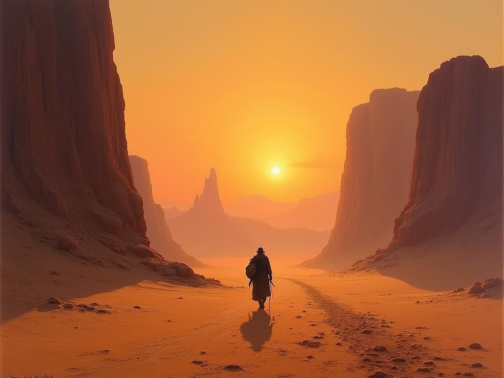 Desert Traveler at Sunset in Style of Moran