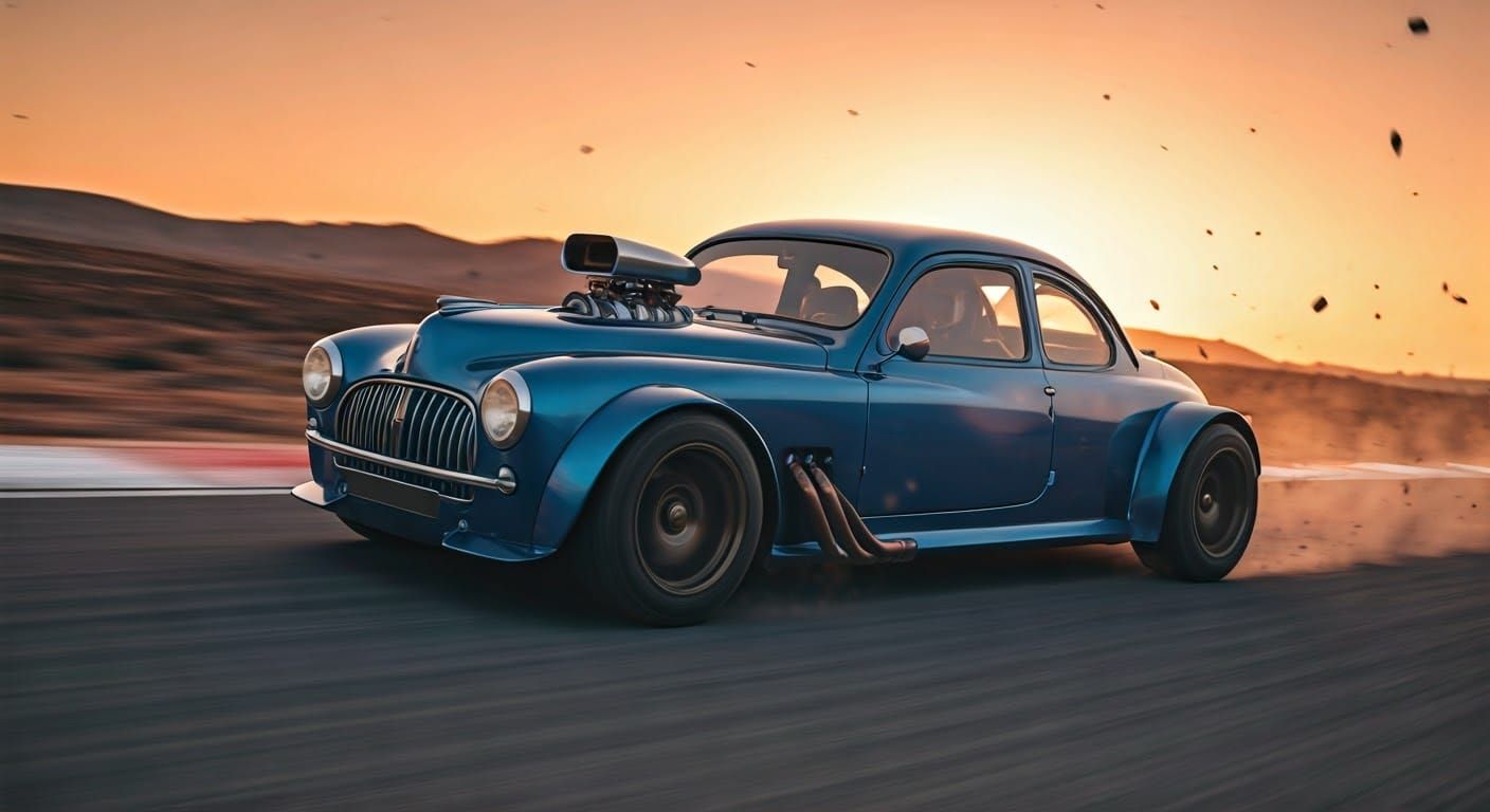 High-Octane Racing Scene with a Modified Blue Hotrod at Suns...