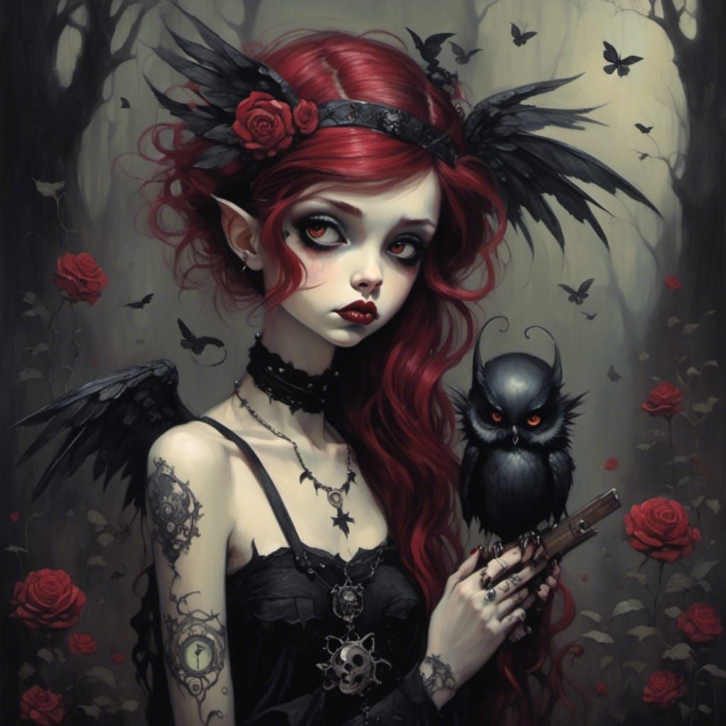 Pouty Goth Punk Angel in Pen and Ink Style