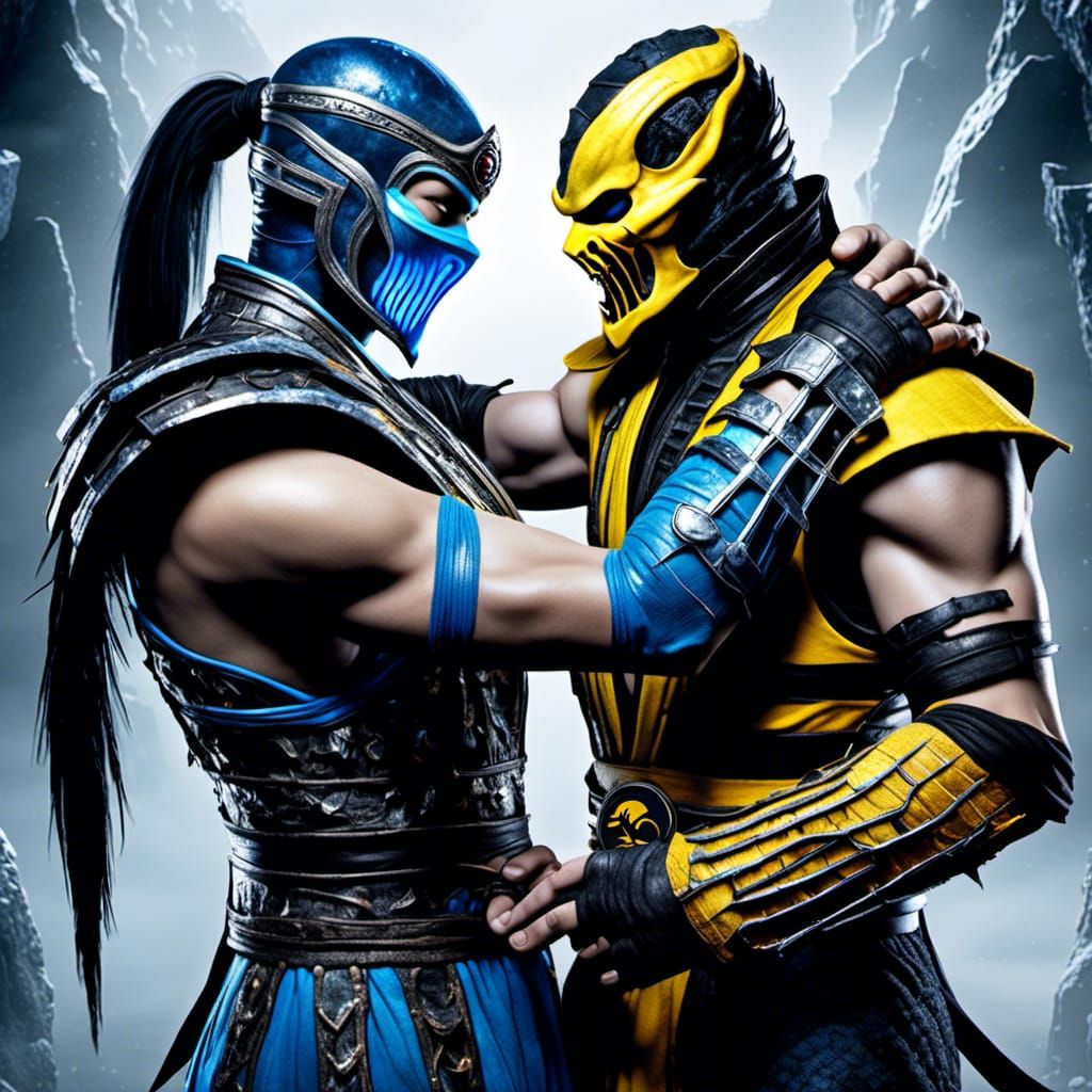 Scorpion and Subzero's Romantic Embrace in Hyperreal Style