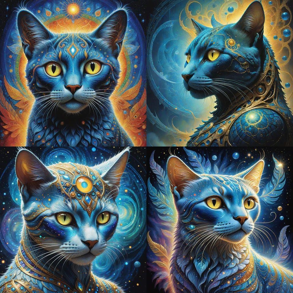 Surreal Blue Celestial Cat in Glowing Astral Background