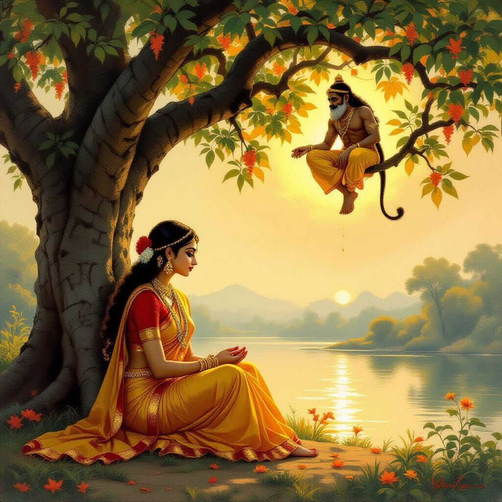 Mata Sita and Hanuman in Ashok Vatika