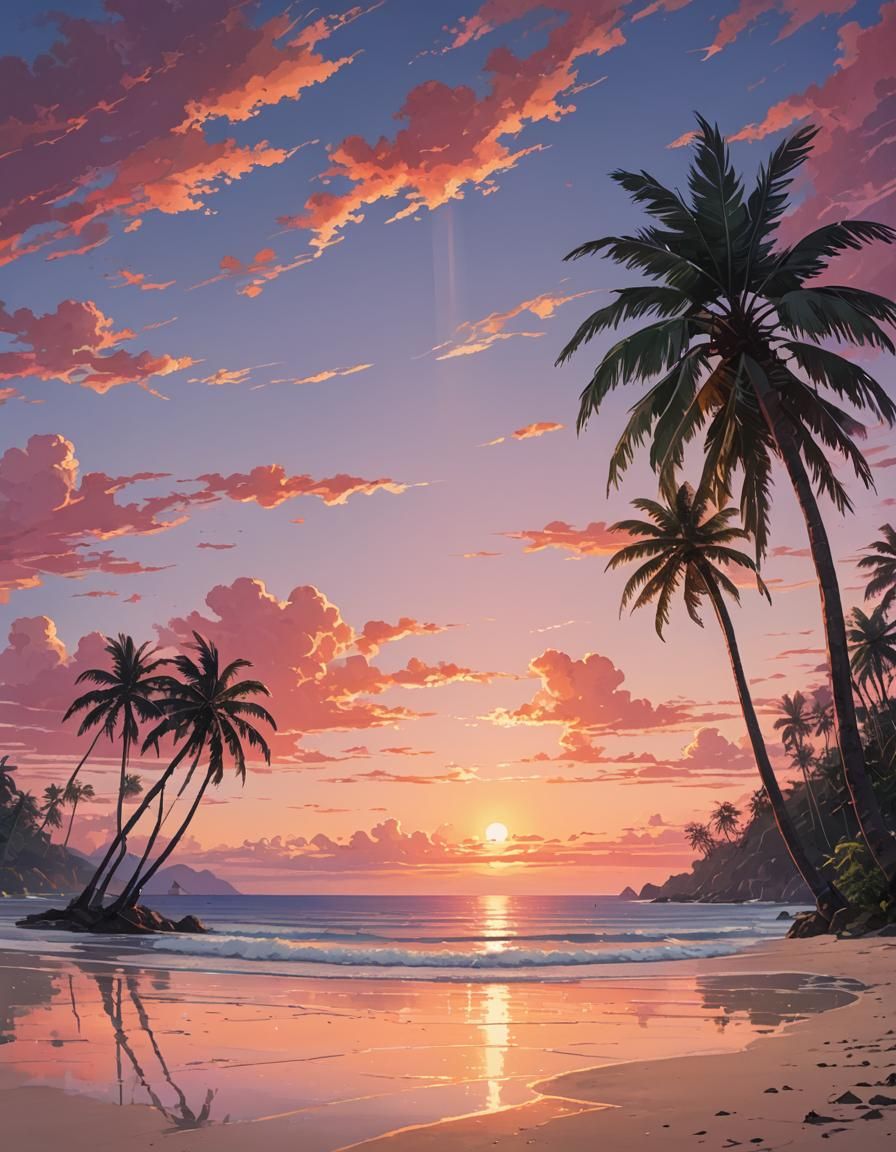 Tropical Sunset Beach in Anime Style