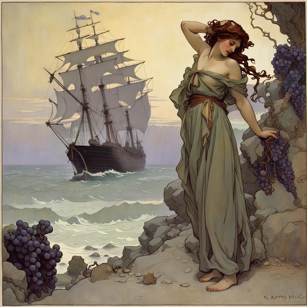 Art Nouveau Woman Mourning Lost Ship