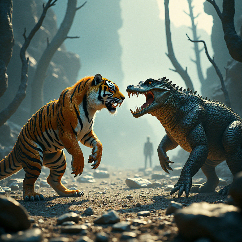 Tiger-Crocodile Hybrid Standoff in Surreal Landscape