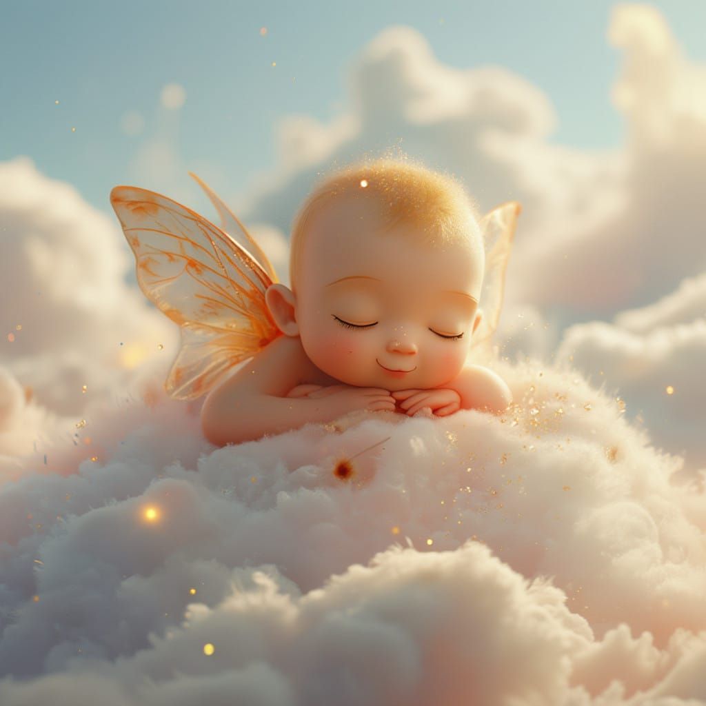 Baby Fairy Sleeping on Cloud in Cartoon Style