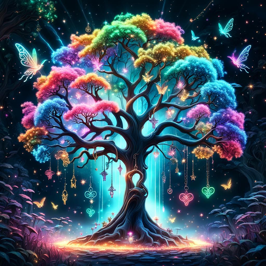 Magical Fairy Keys Around Neon Pastel Tree