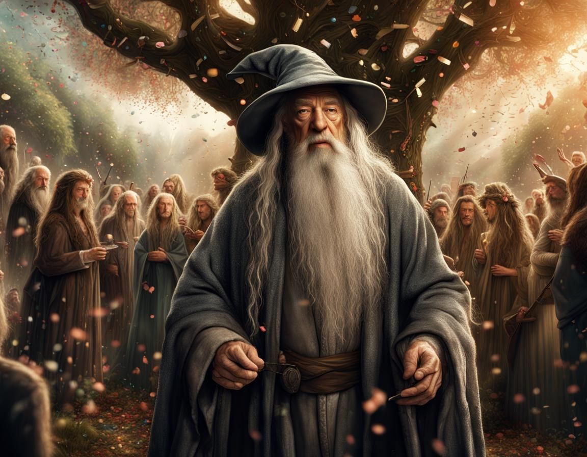 Gandalf Celebrates with Hobbits at Party Tree