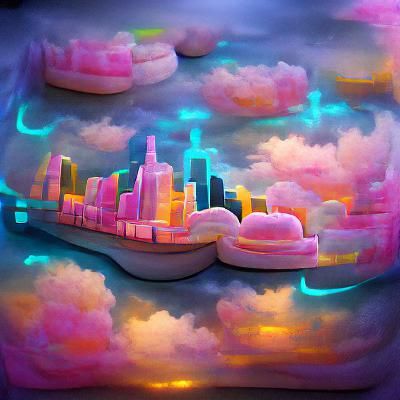 Floating City on Pastel Neon Clouds