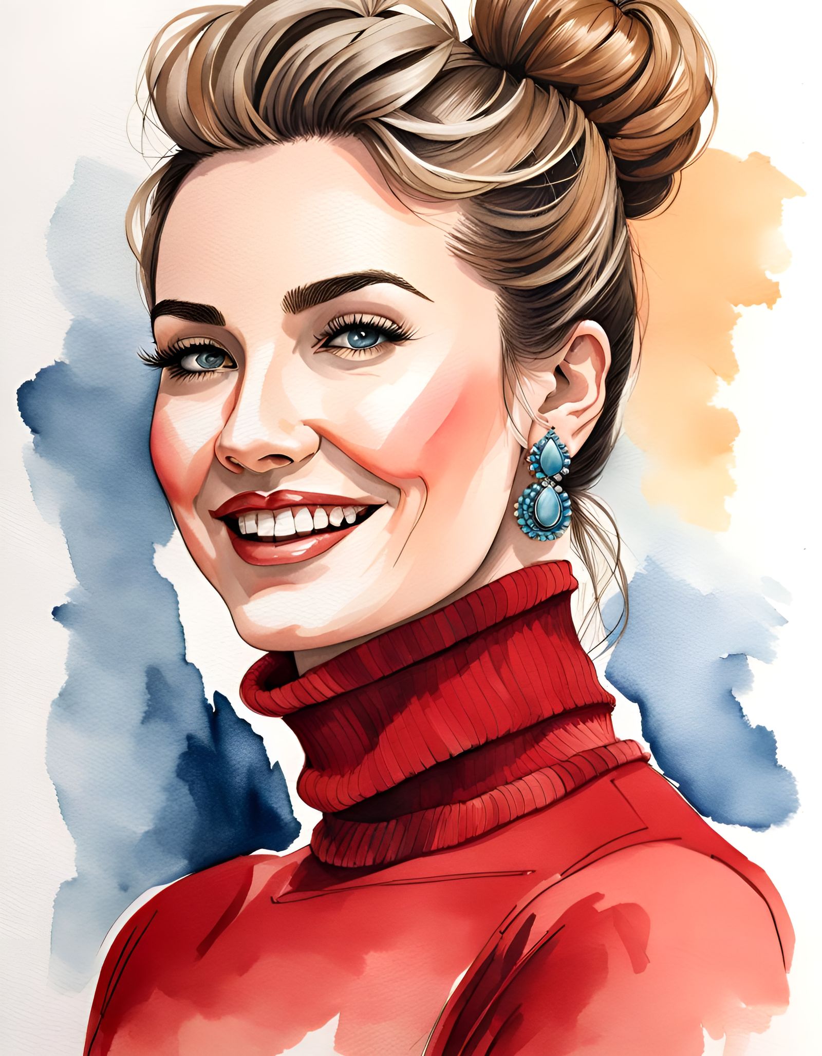 Elegant Woman in Red Turtleneck, Watercolor Style