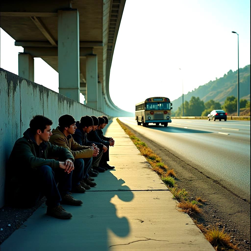 Homeless Men on Sidewalk in Cinematic Style