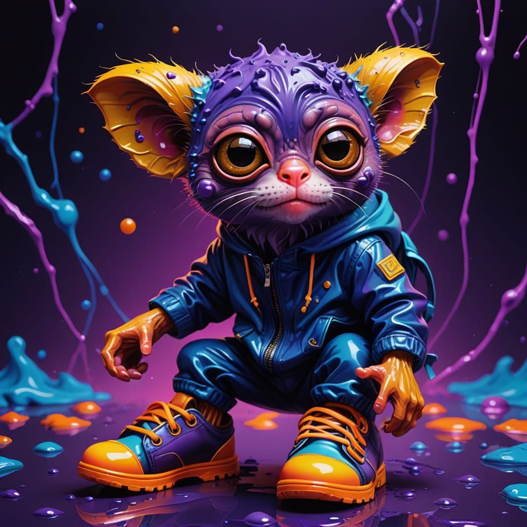Surreal Tarsier in Vibrant Ultraviolet Graffiti Art