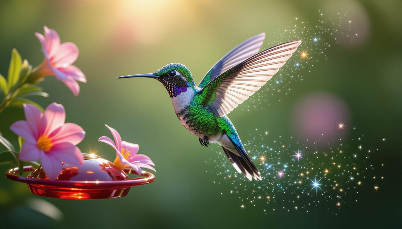 Diamond Hummingbird Glides to Feeder, Refracting Rainbow Lig...