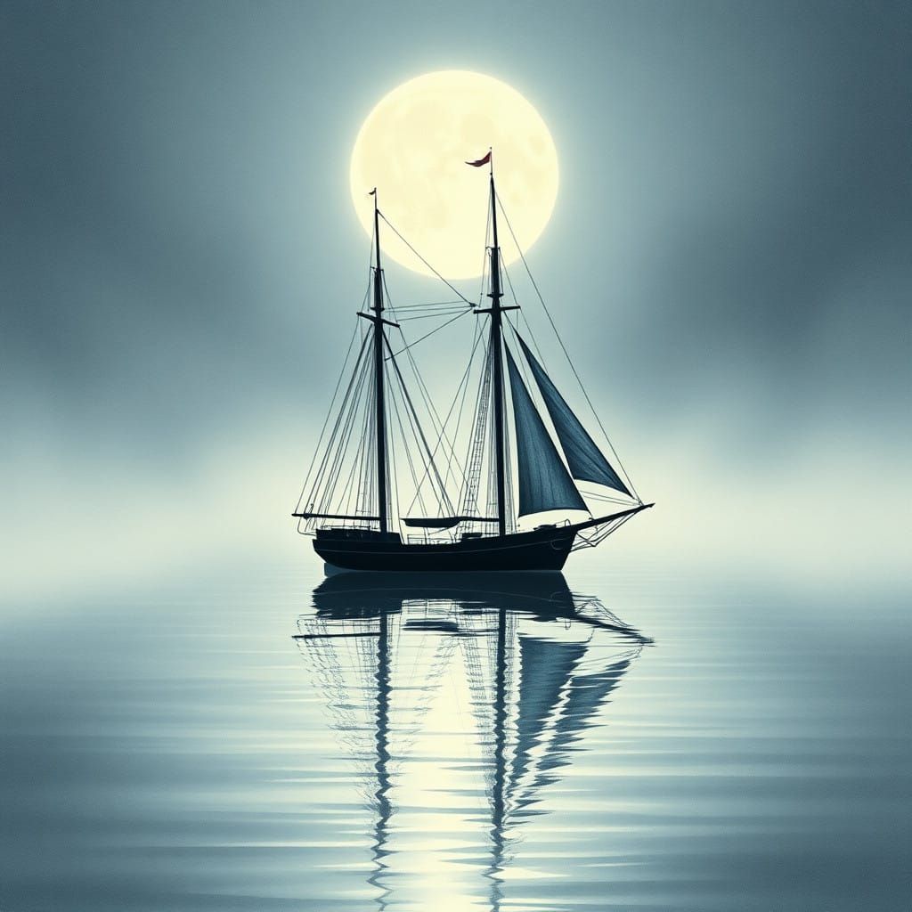 Moonlit Ketch Sailboat in Foggy Calm