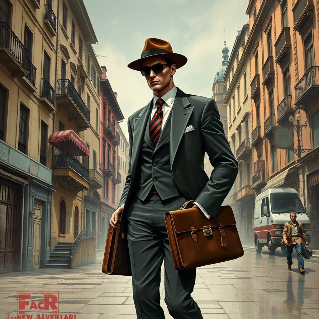 Italian Gentleman in Futuristic Vintage Cityscape