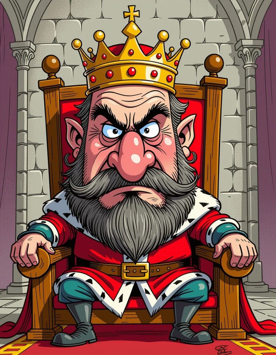 Comical Medieval King with Giant Nose and Tiny Crown