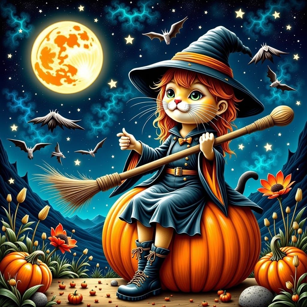 Anime Cat Witch in Starry Fantasy Illustration