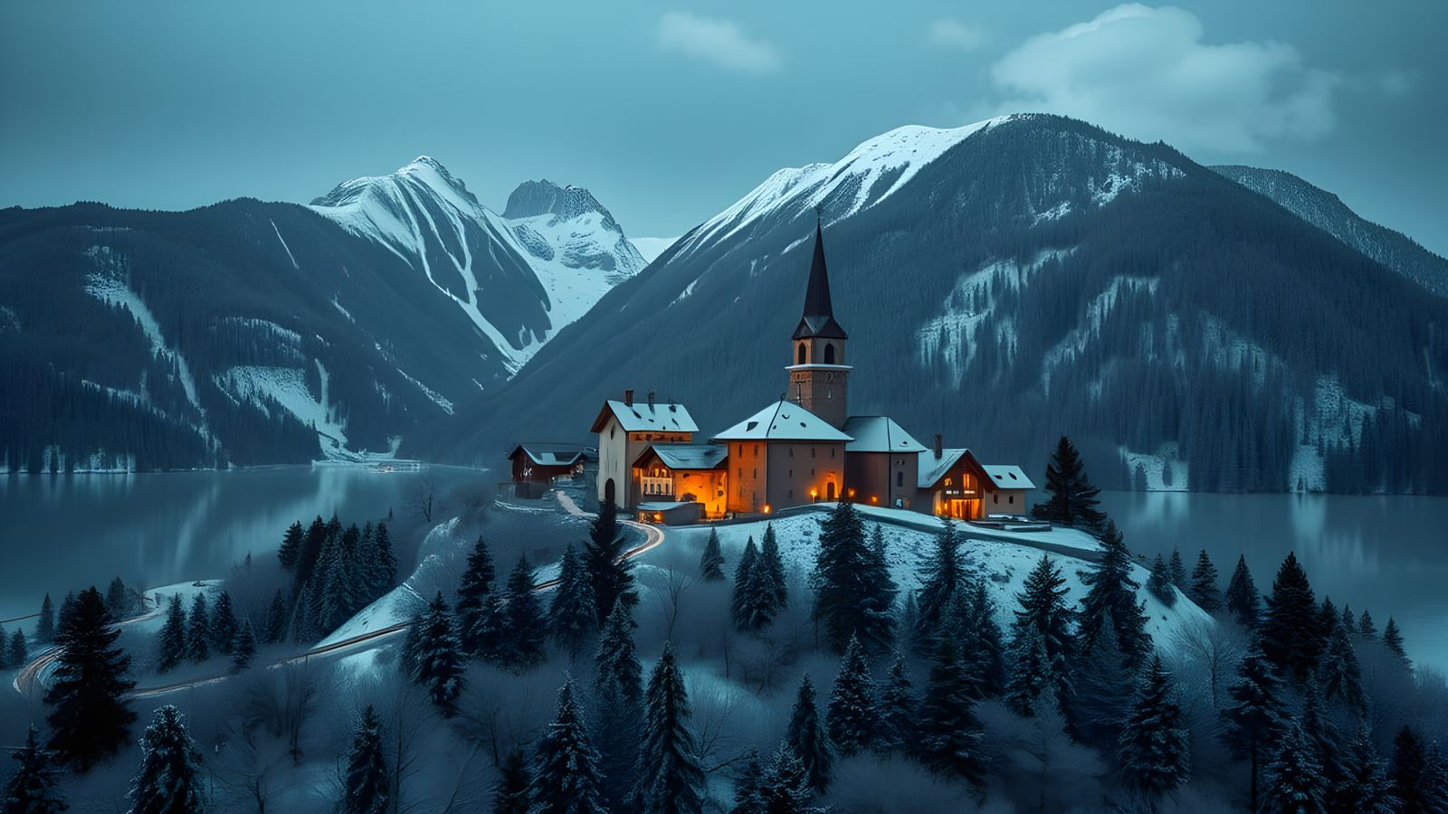 Snowy Mountain Village in Winter