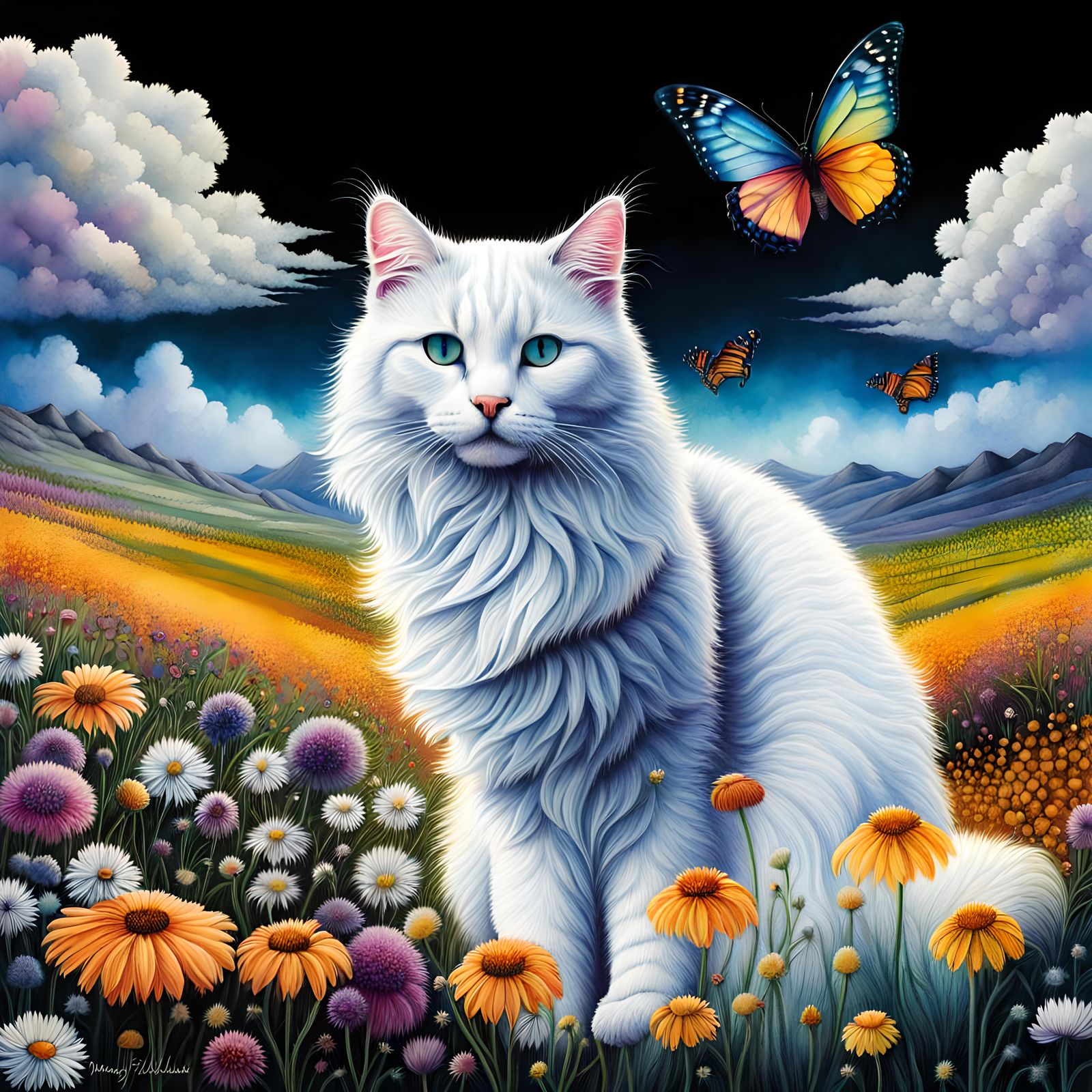 Fluffy white cat Stipple texture Wild Flowers Cat Flowers de...