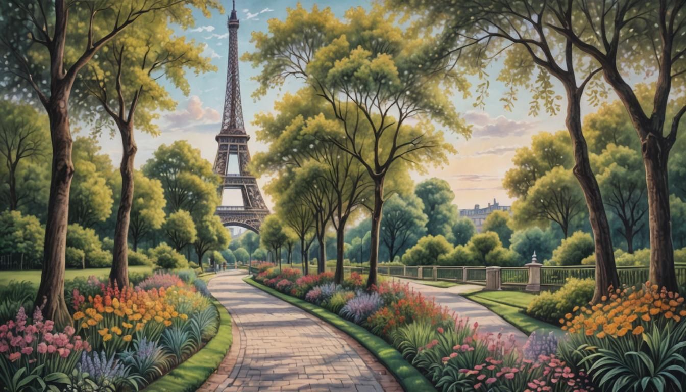 Chalk Drawing of Park Pathway with Eiffel Tower