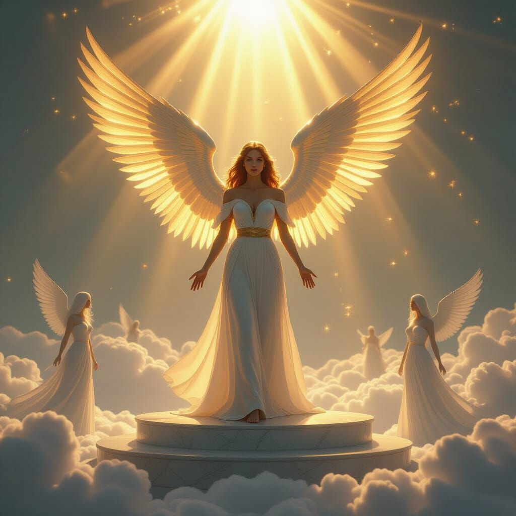 Radiant Angel Above Clouds in Dramatic Lighting