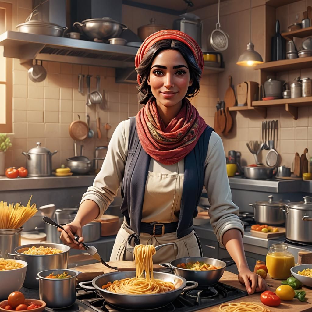 Egyptian Woman Cooking Pasta: 3D Digital Art