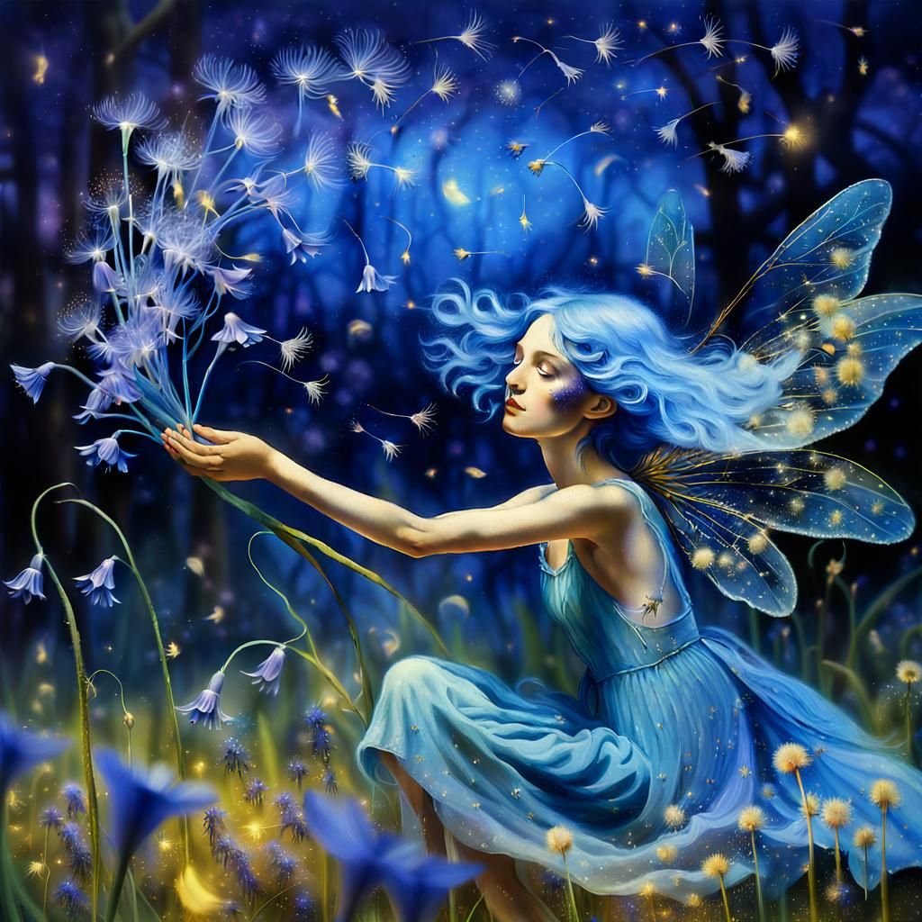 Blue-Haired Fairy with Fireflies, in Surrealist Style