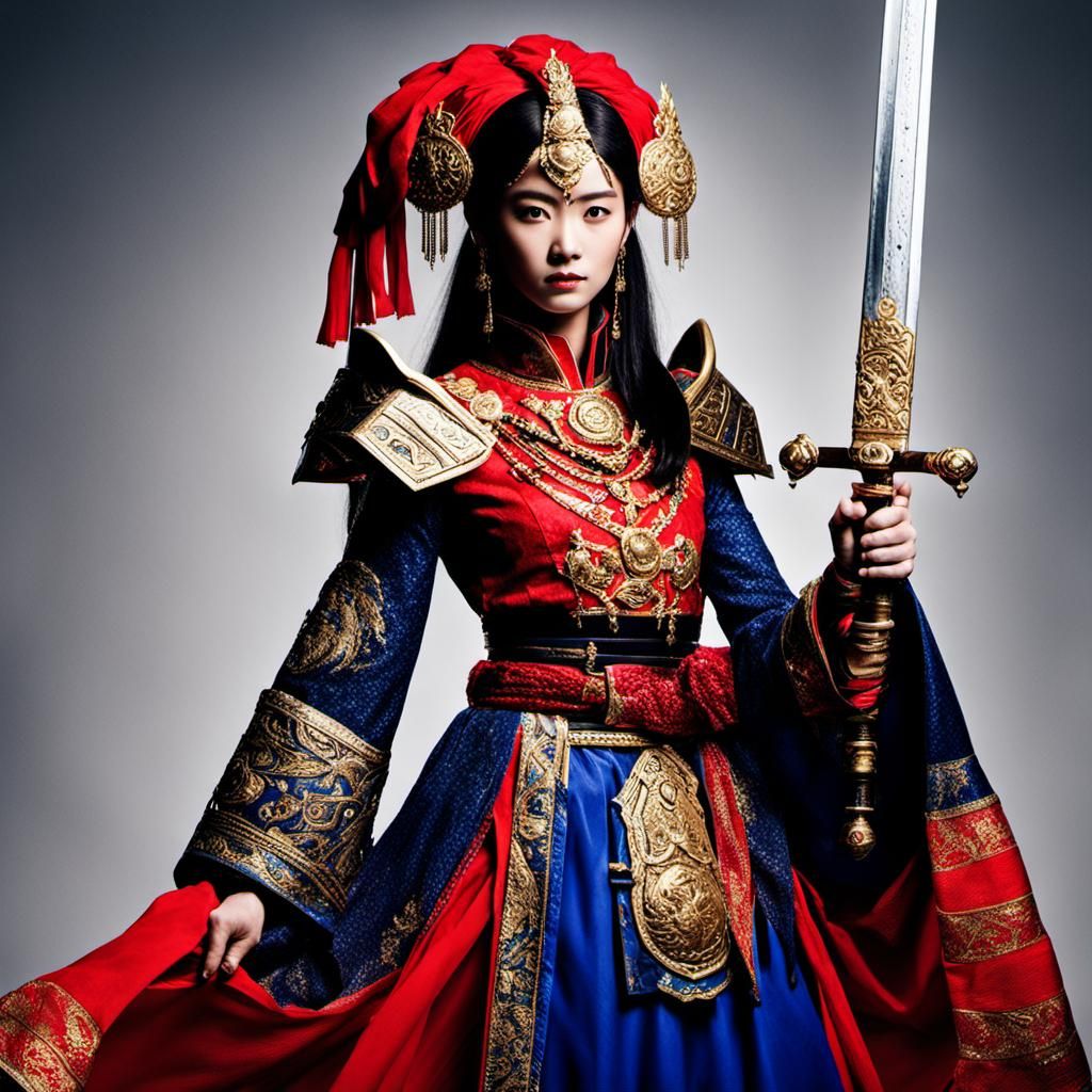 Woman in Red and Blue Costume with Sword