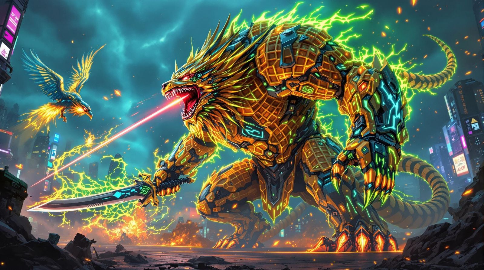 Cyberpunk Waffle Chimera Battles Cybernetic Bird
