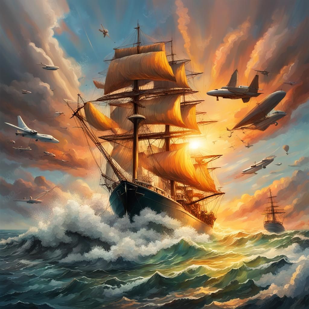 Stormy Sunrise at Sea: Hyperrealistic Sailing Adventure