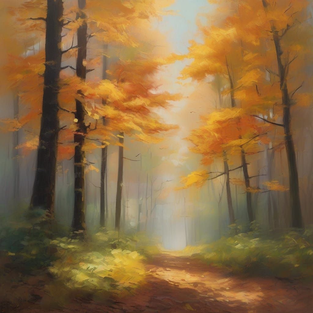 Ethereal Autumn Forest Landscape in Impressionist Gouache St...